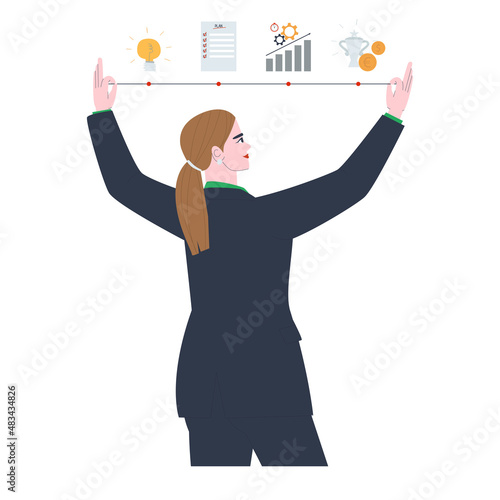 The woman demonstrates the process. Idea, plan, work, success. Business idea concept. Businesswoman. Flat vector illustration.