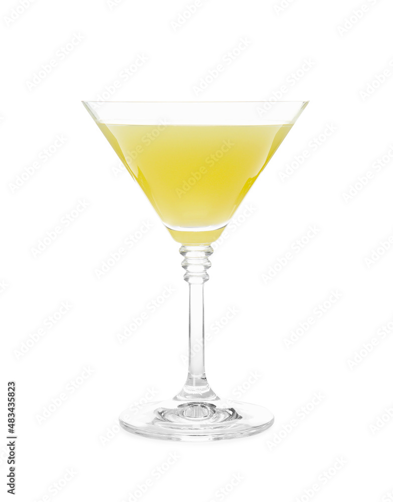 Glass of delicious bee's knees cocktail isolated on white