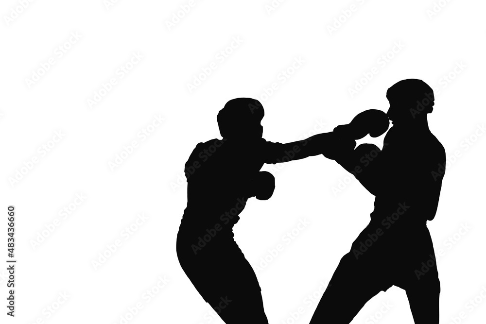 Silhouette of two boxing or kickboxing fighters on a white isolated background. Men's sport in protective form. Prechatki and a helmet on his head. Silhouette of two boxing or kickboxing fighters on a white isolated background. Men's sport in protective form. Prechatki and a helmet on his head.