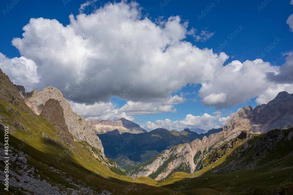View from the Lino Pederiva mountain trail to Colac and Sella Group. Dolomites.