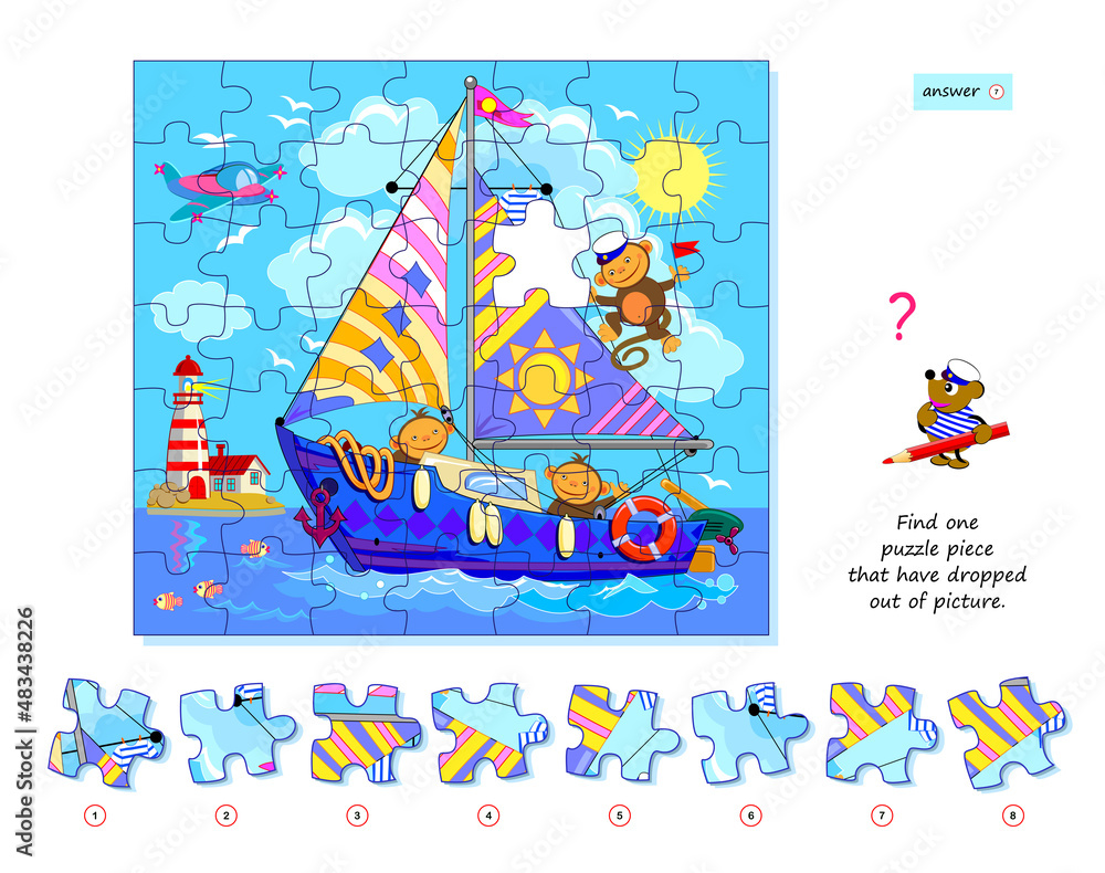 Logic game for children and adults. Find one puzzle piece that have dropped  out of picture. Printable page for kids brain teaser book. Developing  spatial thinking. Play online. Vector illustration. Stock Vector