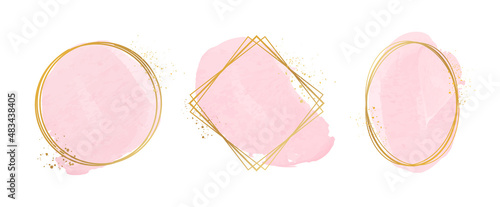 Set of golden frames with watercolor splashes. Watercolor strokes. Pink brush strokes. Vector illustration. 