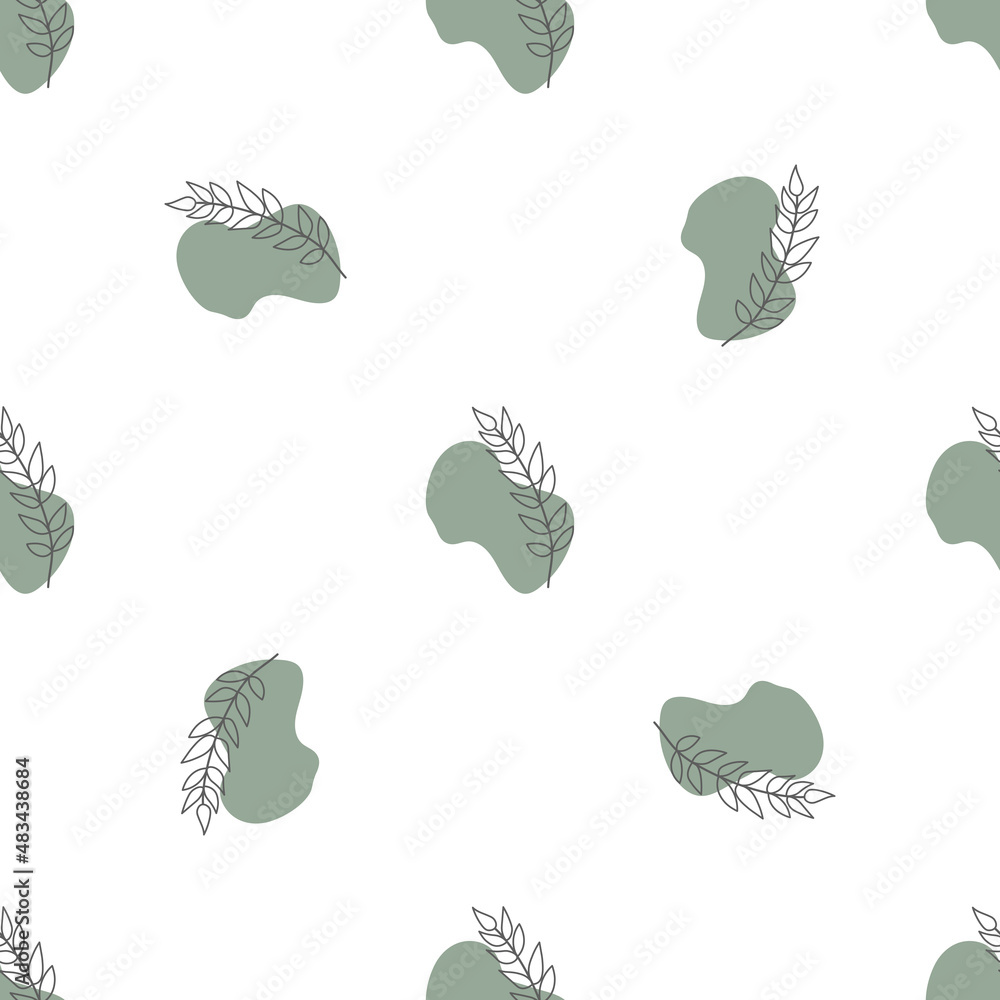 Seamless pattern with leaves and abstract shapes. Abstract Minimalistic Art. Cute kids nursery repeat background. Design in boho style for printing on textile or paper. Seamless pattern with leaves and abstract shapes. Abstract Minimalistic Art. Cute kids nursery repeat background. Design in boho style for printing on textile or paper.