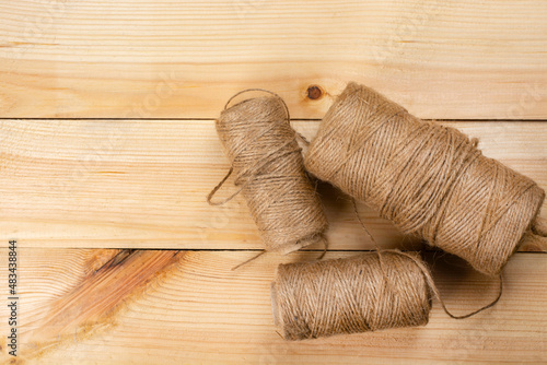 Skeins of linen thread. View from above. Copy space.