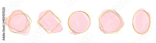 Set of golden frames with watercolor splashes. Watercolor strokes. Pink brush strokes. Vector illustration. 