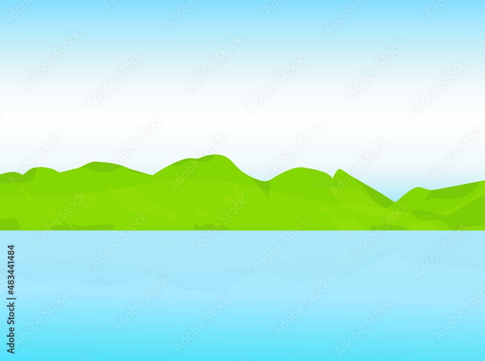 Vector illustration of summer landscape with mountains, sky and river. Beautiful view in cartoon flat style background.