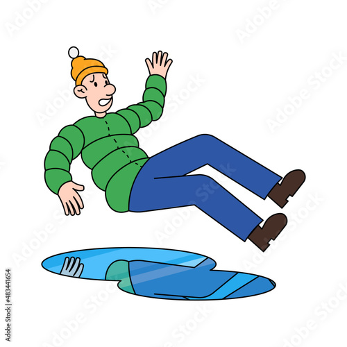 Man slipping  and falling down on the slippery ice vector illustration