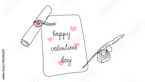 Happy valentines day continuous line drawing. One line art of english hand written lettering with scroll, letter, inkwell with feather, 14 february greeting card.