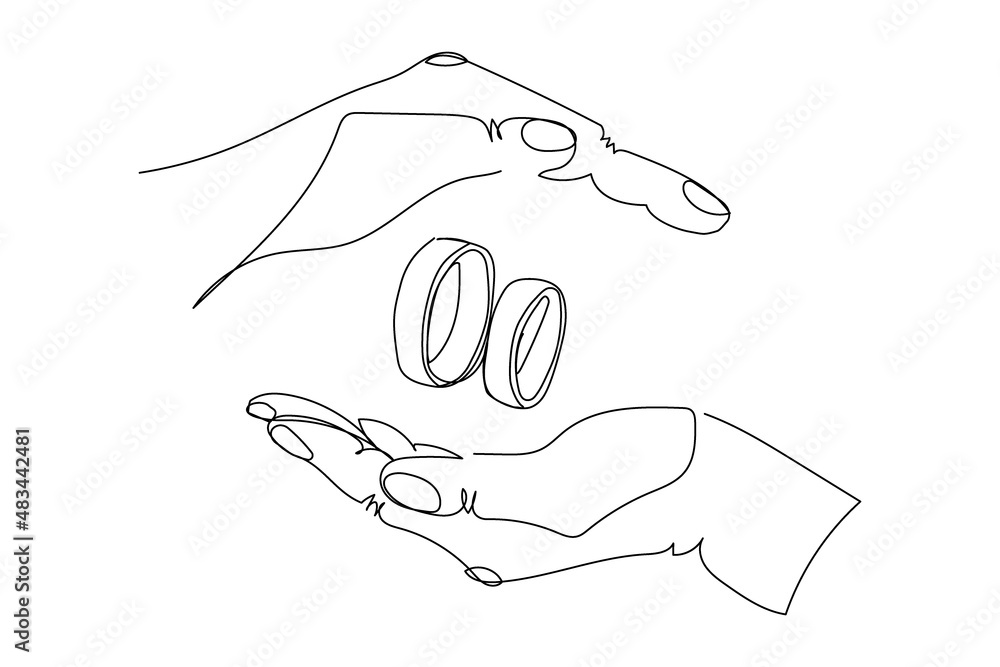Hands holding a wedding rings continuous line drawing. One line art of love, diamond, accessory, jewel, union of hearts, classic, romance. Hands holding a wedding rings continuous line drawing. One line art of love, diamond, accessory, jewel, union of hearts, classic, romance.