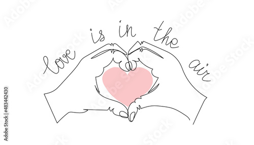 Love is in the air one line art. Continuous line drawing of couple in love, lovers hold hands, hand gesture heart, feelings.