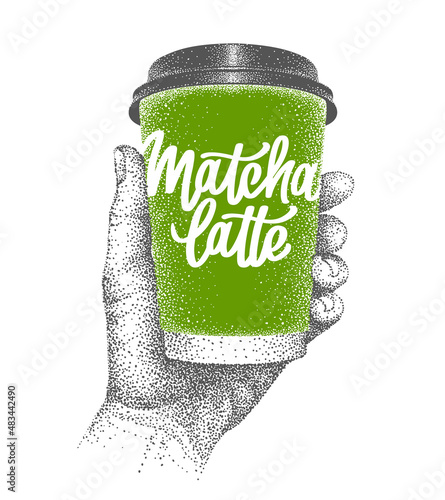 Matcha latte to go. Green tea takeaway. Takeout. Paper cup in human hand. Hand-drawn sketch in pointillism with lettering. Vector illustration.