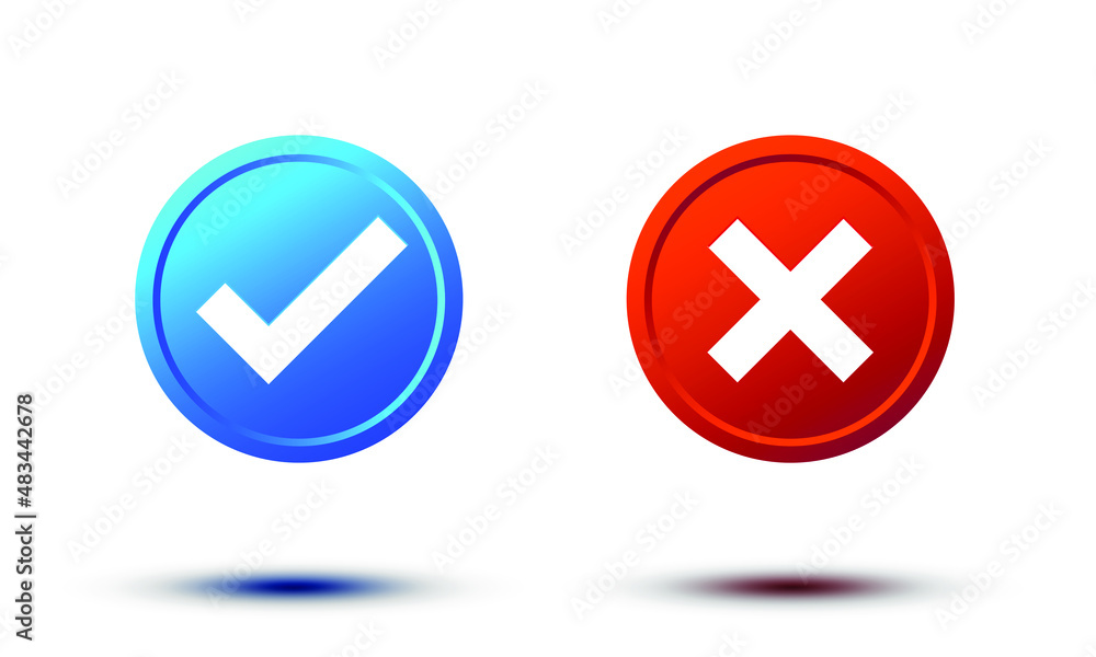 Realistic Right And Wrong 3D Button. Blue Check Mark And Red Cross Vector Illustration. Realistic Right And Wrong 3D Button. Blue Check Mark And Red Cross Vector Illustration.