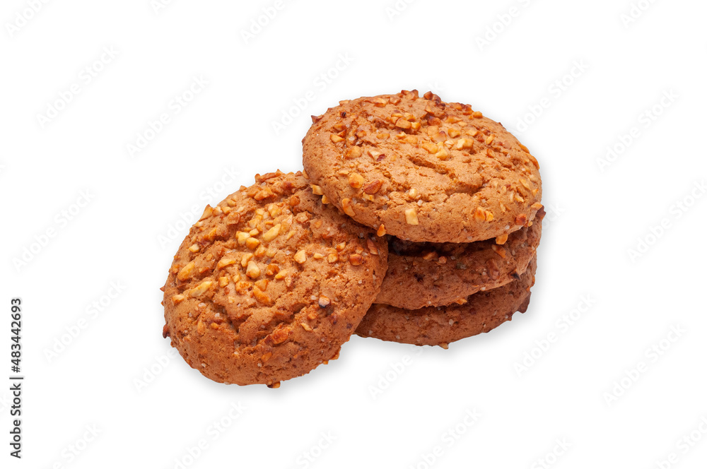 Delicious and healthy snack. Photo of oatmeal cookies with peanut crumble on a white background with clipping path.