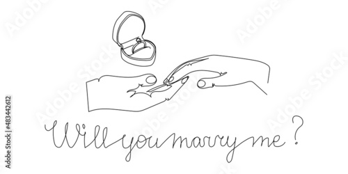 Will you marry me one line art. Continuous line drawing of lovers hold on to fingers, propose, box with an engagement ring.