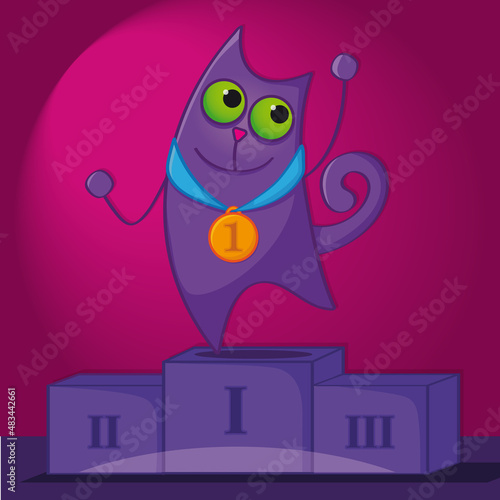 Funny purple cat standing on the winner podium with golden medal around her neck. Original hand drawn illustration.