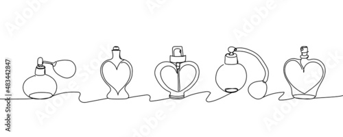 Set of perfume bottles continuous line drawing. One line art of romance, perfume, fragrances, eau de toilette, pheromones, gift, February 14, Valentine s day, relationship.