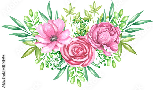 Watercolor bouquet of pink roses