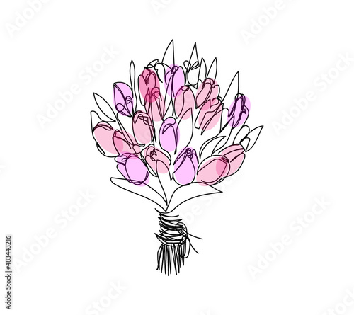 Bouquet of pink tulips continuous line drawing. One line art of decoration, flowers, roses, garden flowers, bouquet, floristry, romance, gift, relationship, love, flower composition.
