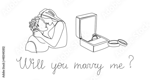 Will you marry me one line art. Continuous line drawing of couple in love, wedding rings, propose, ring box.