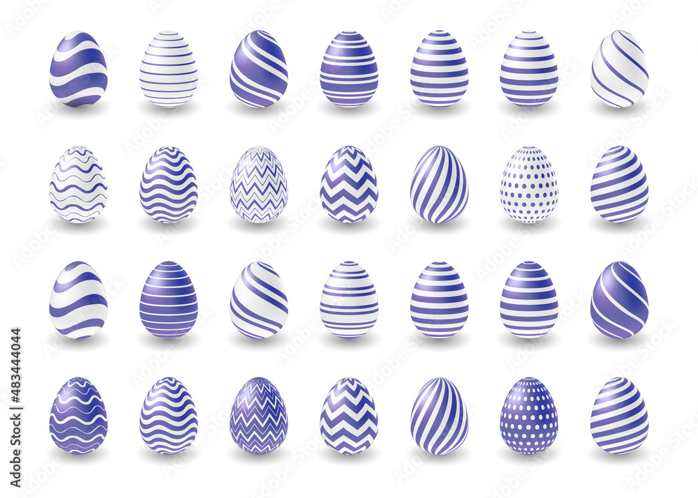Easter purple eggs set design. 3d lilac eggs collection for Easter holiday. Vector illustration Easter purple eggs set design. 3d lilac eggs collection for Easter holiday. Vector illustration