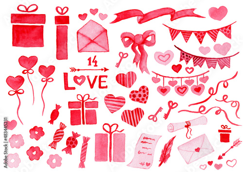 Set elements for Valentine's Day cards: balloons, gift box, heart key, arrow, heart, sweets, letter, message, envelope, ribbons. Great for design, print, textile, postcard. Watercolor illustration.