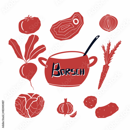 Traditional Russian soup - borsch. Recipe set and ingredients - meat, beets, potatoes, carrots, onions, cabbage
