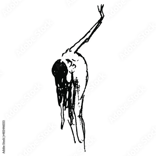 Naked woman bent over or forward with one arm raised up. Standing nude lady with loose hair in despair pose. Hand drawn linear doodle rough sketch. Black silhouette on white background.