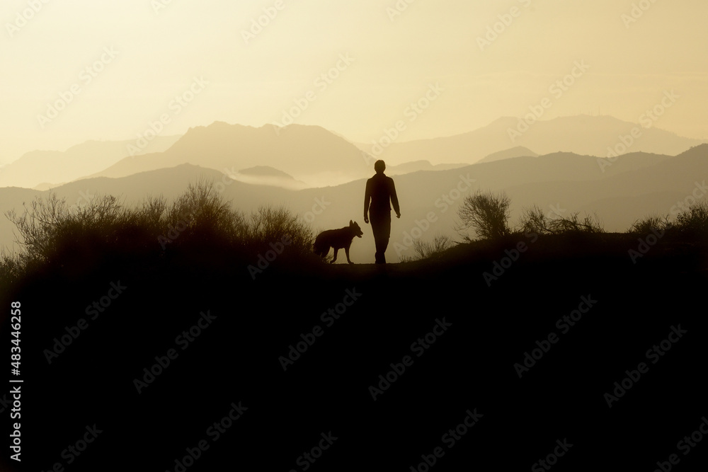 Woman and dog early morning in field, Thousand Oaks, California, USA, MR
