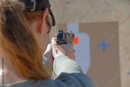Aiming at target, outdoor shooting range, Santa Clarita, California, USA, MR photo