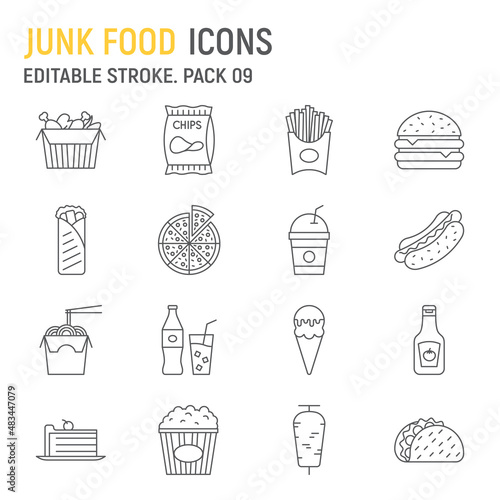 Junk food line icon set, fast food collection, vector graphics, logo illustrations, junk food vector icons, unhealthy eating signs, outline pictograms, editable stroke