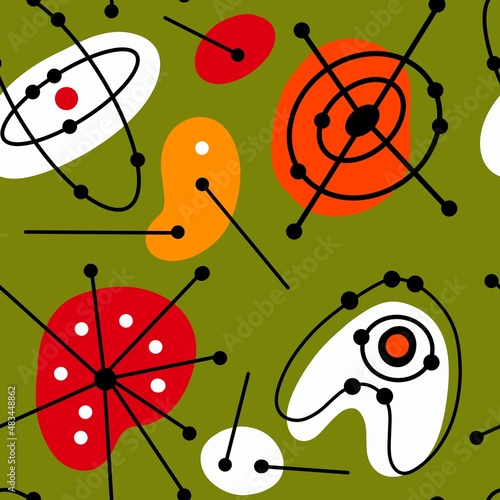 Seamless hand drawn mid century modern pattern in red green orange colors. Retro vintage 50s 60 diamond atomic age mcm pattern with abstract geomentric shapes for textile wallpaper trendy design. photo