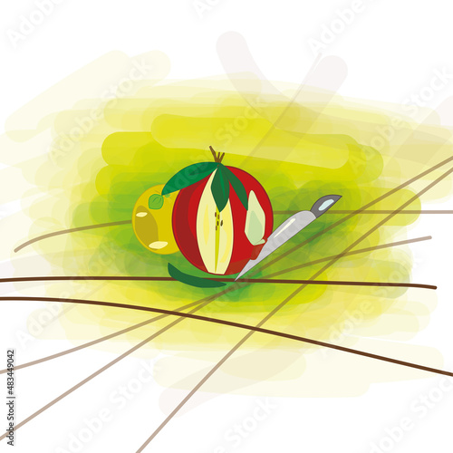 Apples with a knife.Illustration realism and fantasy.Green background.Food and drinks