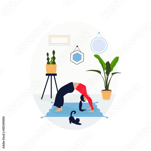 Yoga at home. Flexible woman shows yoga asana. Stretching. Stretch your body, a healthy lifestyle. Interior. House. Flat. Room. Vases, pet. Lover of cats. Fresh colors: blue, gray, yellow, green, red.