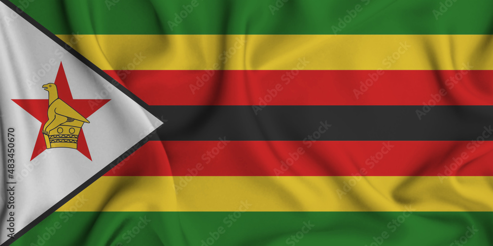 3D illustration of the flag of Zimbabwe waving in the wind.