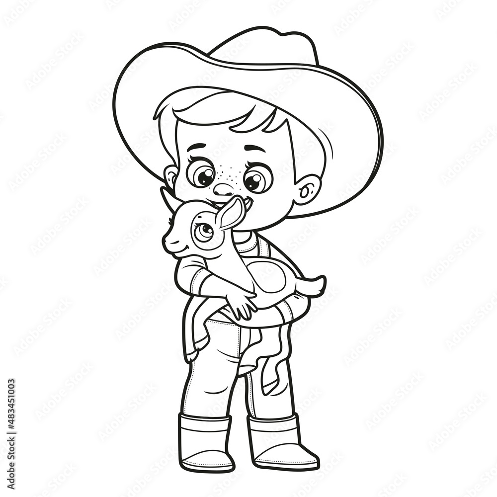 Cute cartoon boy in a cowboy hat holds a little goat in arms outlined for coloring page on white background Cute cartoon boy in a cowboy hat holds a little goat in arms outlined for coloring page on white background