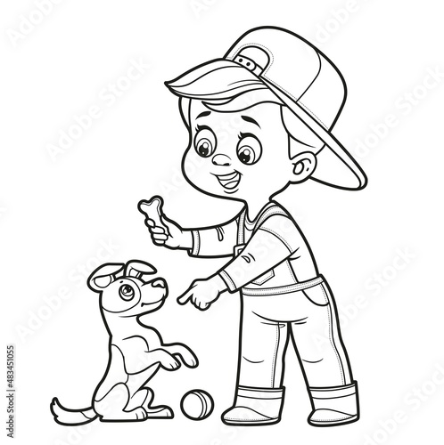 Cute cartoon boy playing with dog jack russell terrier stands on hind legs outlined for coloring page on white background
