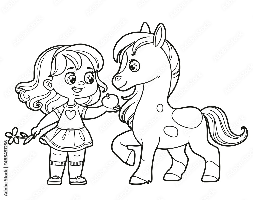 Cute cartoon girl feeding an apple to a little horse outlined for coloring page on white background