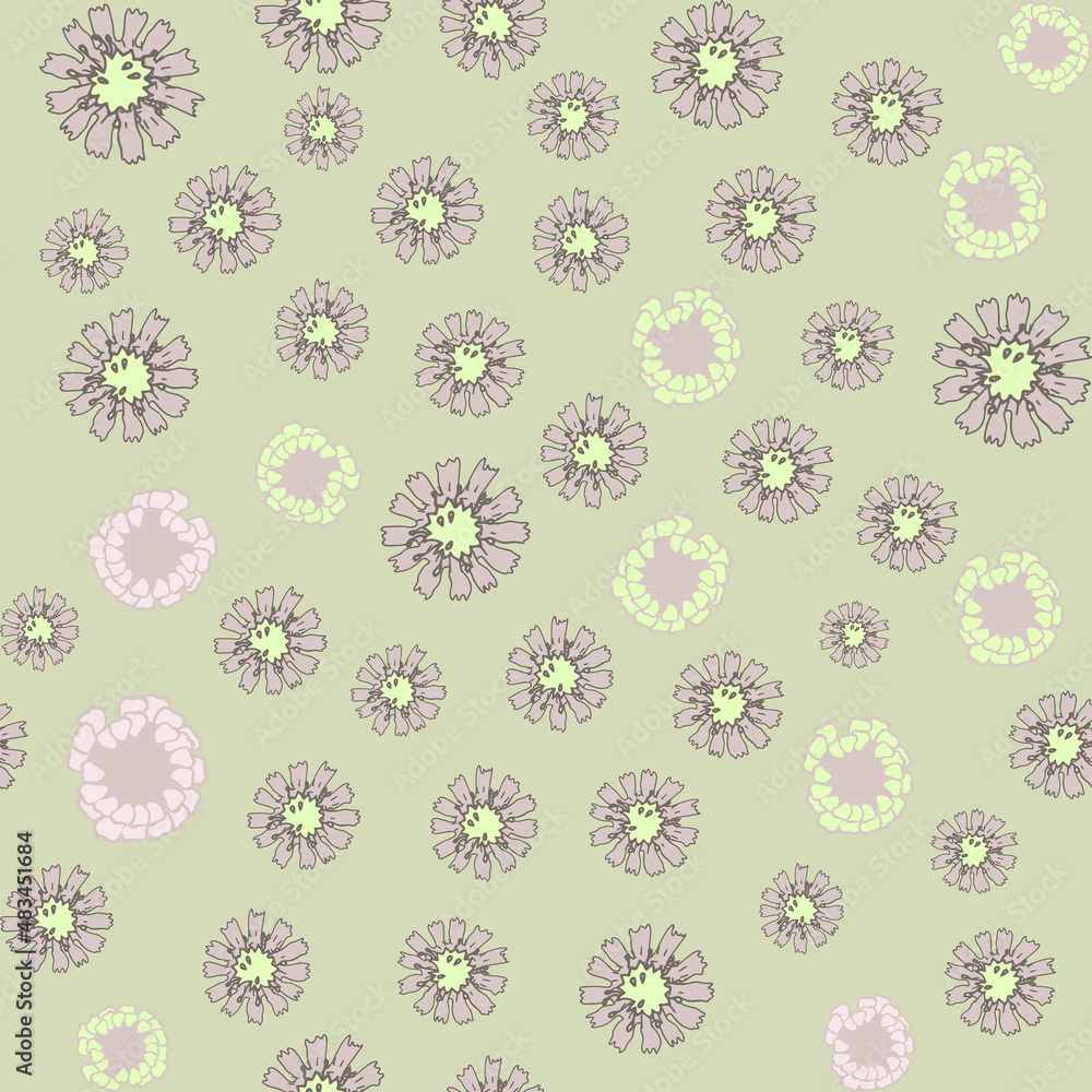 A repeating pattern. Seamless flower ornament. Doodle floral drawing. Handmade graphics. Bedding green and pink shades. For a wedding and Valentines day.Printing on wallpaper and packaging.