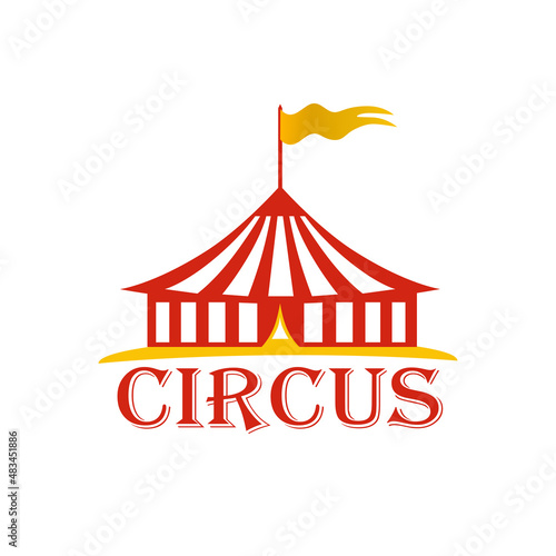 Circus red and white striped tent with a flag on top of the dome for carnival or entertainment design. Circus tent logo, icon. Vector illustration isolated on white background