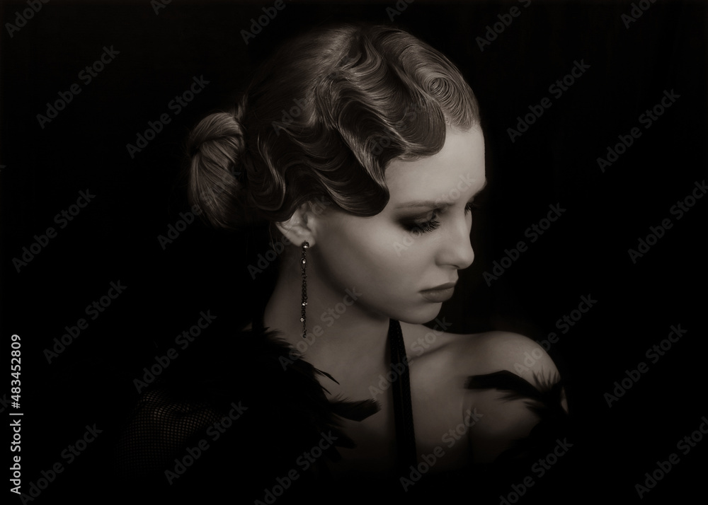 Young luxury Woman in retro. Old-fashioned makeup and finger wave hairstyle. Style of the 20s or 30s. Vintage style. Monochrome. Feather boa. Mysterious Luxurious Girl. Luxurious Woman. Girl in black Young luxury Woman in retro. Old-fashioned makeup and finger wave hairstyle. Style of the 20s or 30s. Vintage style. Monochrome. Feather boa. Mysterious Luxurious Girl. Luxurious Woman. Girl in black