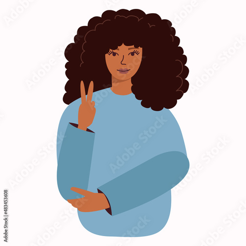 Smiling beautiful black woman with afro hairstyle shows two fingers gesture. isolated vector illustration