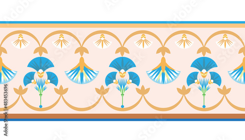 Seamless pattern vector illustration of the Egyptian ancient ornament with a lotus flower, leaves, papyrus, palm tree. Egyptian culture element For wallpaper, wrapping, paper, fabric, background