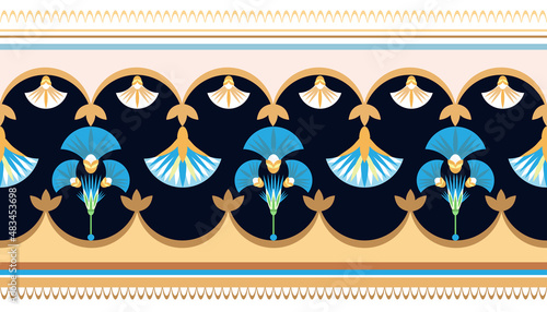 Seamless pattern vector illustration of the Egyptian ancient ornament with a lotus flower, leaves, papyrus, palm tree. Egyptian culture element For wallpaper, wrapping, paper, fabric, background