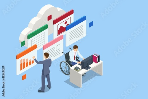 Isometric modern cloud technology and networking concept. Web cloud technology business. Internet data services. People with disability, person who uses a wheelchair, wheelchair user