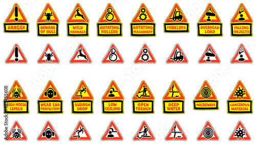 Set of Triangle Hazard Warning Signs 3 - With editable text boxes or isolated icons - Non official - Cartoon Calligraphic Handwritten Style