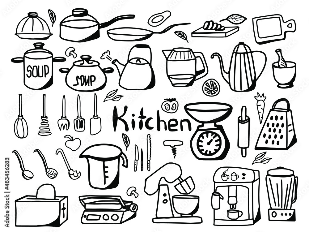 Kitchen utensil doodle set. Stuff for menu decoration. Vector collection of isolated objects. Icons in sketch style. Hand drawn kitchenware and cutlery on white background