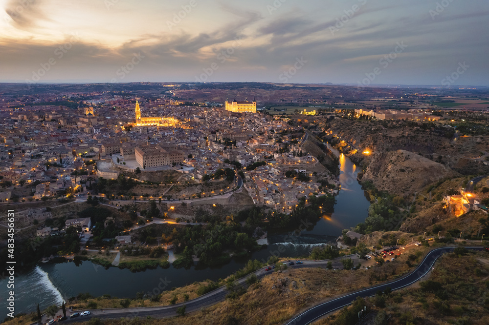 Drone point of view old town of Toledo at dusk. Spain