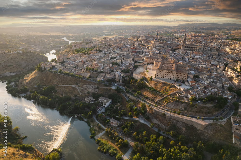 Aerial panoramic drone point of view historical city of Toledo. Spain