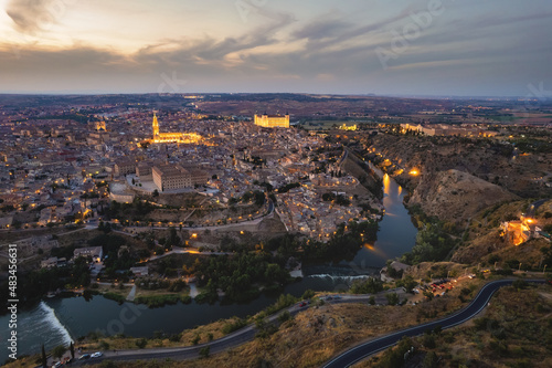 Drone point of view old town of Toledo at dusk. Spain