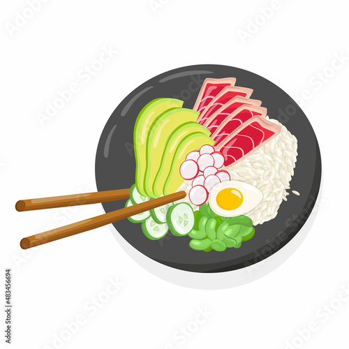 Tuna poke bowl illustration Hawaiian cuisine. Vector stock illustration isolated on white background for menu fast food restaurant with healthy, bio, organic meals. EPS
